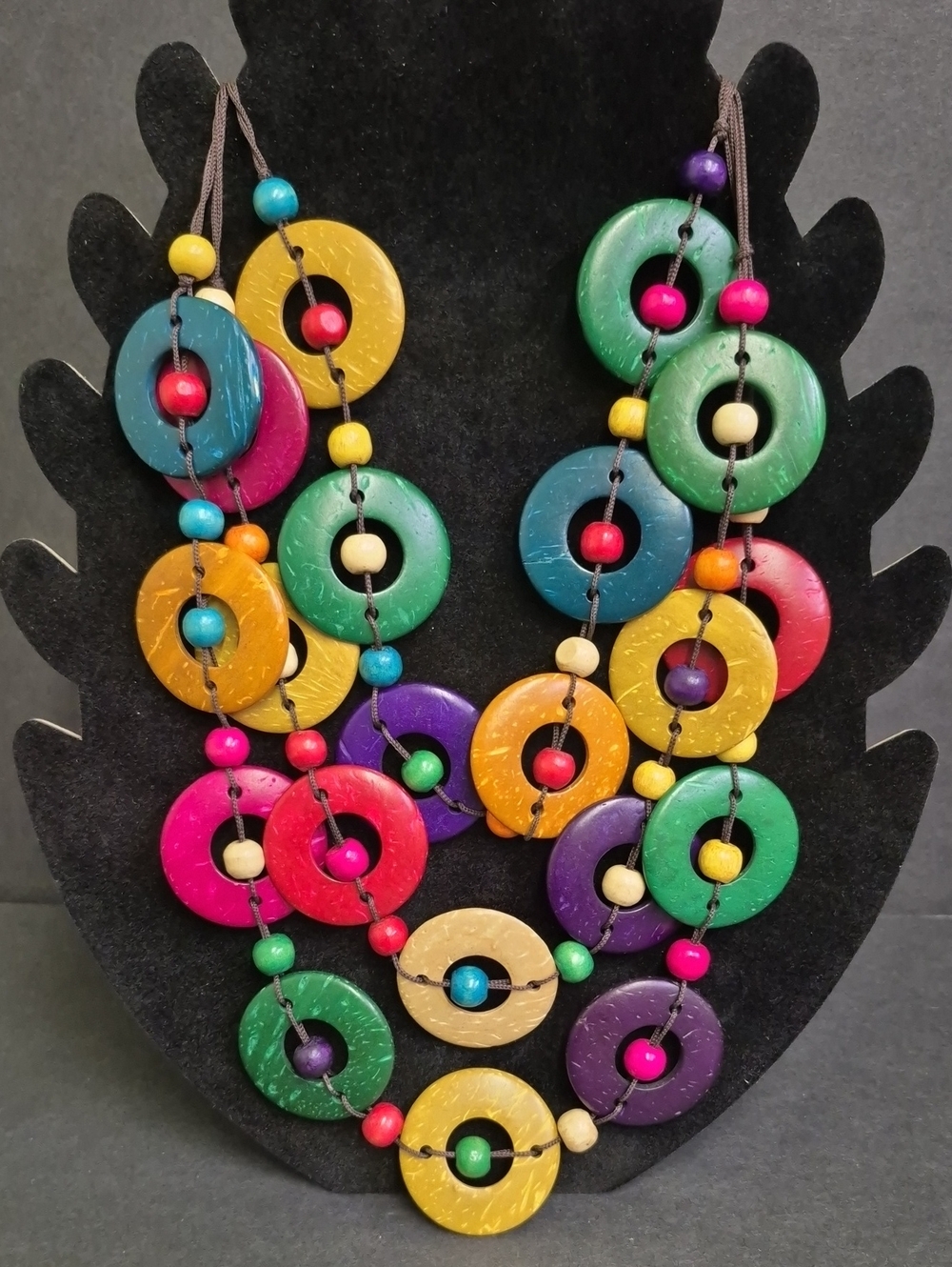 Multicolor Wooden Circle Pendant Statement Necklace